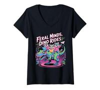 Donna Feral Minds Raccoon Squad su T-Rex Robotic Back to School Maglietta con Collo a V