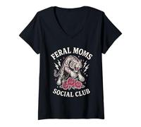 Donna Feral Moms Social Club Donna feroce Demone Arte Maglietta con Collo a V