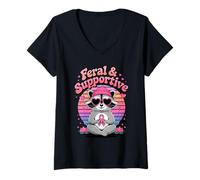 Donna Feral & Supportive Breast Cancer Awareness Cute Raccoon Maglietta con Collo a V