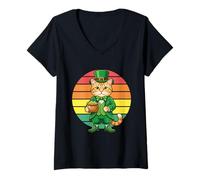 Donna Festa di San Patrizio Leprechaun Cat Lucky Shamrock Maglietta con Collo a V