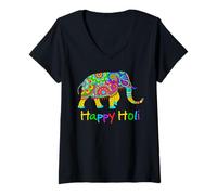 Donna Festival dei colori India Hindu Elephant Happy Holi Maglietta con Collo a V