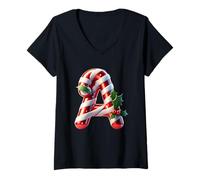 Donna Festive Candy Cane Lettera A Holly Design Maglietta con Collo a V