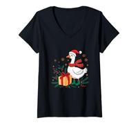 Donna Festive Goose Santa Hat Christmas Spirit Maglietta con Collo a V