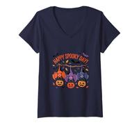 Donna Festivo Happy Spooky Day Carino pipistrelli Halloween Design Maglietta con Collo a V