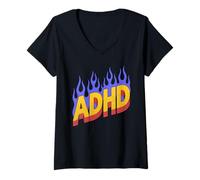 Donna Fiamme ADHD - Consapevolezza Vintage ADHD Mancanza di Concentrazione Maglietta con Collo a V