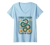 Donna Fierce Chinga La Migra Snake Design Floreale Maglietta con Collo a V
