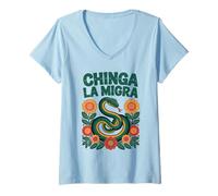 Donna Fierce Chinga La Migra Snake Design Floreale Maglietta con Collo a V