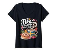 Donna Fika Svedese per Lets Coffee Maglietta con Collo a V