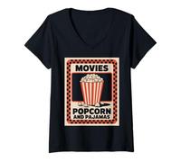 Donna Film Popcorn E Pigiama Divertente Retro Teatro Snack Notte Maglietta con Collo a V