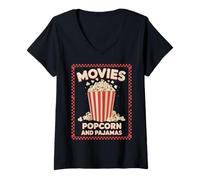 Donna Film Popcorn E Pigiama Divertente Retro Teatro Snack Notte Maglietta con Collo a V