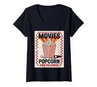 Donna Film Popcorn E Pigiama Divertente Retro Teatro Snack Notte Maglietta con Collo a V