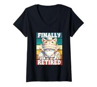 Donna Finally Retired Cat Grandpa For Cat Mom Funny Cat Retirement Maglietta con Collo a V