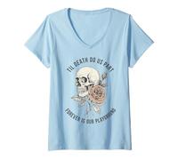Donna Fino alla Morte Non Ci separi per Sempre Love Skeleton Rose Romantic Maglietta con Collo a V
