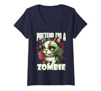 Donna Finta di Essere Un Gatto Zombie Commedia Horror Design Halloween Maglietta con Collo a V