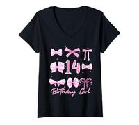 Donna Fiocchi Rosa per Il 14° Compleanno delle Ragazze con Fiocco Maglietta con Collo a V