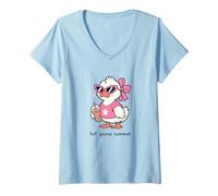 Donna Fiocco da ragazza Hot Goose Summer Iced Coffee Pink Goose Meme Maglietta con Collo a V