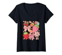 Donna Fiocco fragola cuore fiore carino stile kawaii Maglietta con Collo a V
