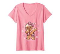 Donna Fiocco Natalizio Dabbing Gingerbread Coquette Girl Rosa Leopardato Maglietta con Collo a V