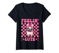 Donna Fiocco Rosa Feelin' Cute Pug Dog Girl Pug Mom Maglietta con Collo a V