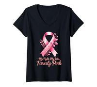 Donna Fiocco Rosa Sostegno Consapevolezza Cancro al Seno Maglietta con Collo a V