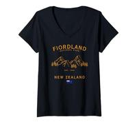 Donna Fiordland National Park Nuova Zelanda Bandiera Te Wahipounamu Maglietta con Collo a V