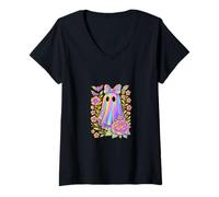 Donna Fiore Fantasma Camicia Carino Floreale Pastello Halloween Estetica Maglietta con Collo a V