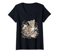 Donna Fiore Leopardo Nuvoloso Maglietta con Collo a V