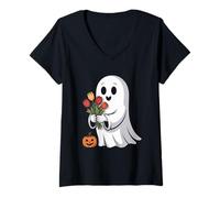 Donna Fiore Trick Or Treat Boo Fiorista Floreale Halloween Maglietta con Collo a V