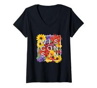 Donna Fiori del Wisconsin Word Art - Wisconsinite Pride Maglietta con Collo a V