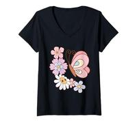 Donna Fiori Groovy Farfalla Retro Floreale 60s 70s Estetica Maglietta con Collo a V