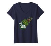 Donna Fiori Tropicali Plumeria Verde Luppolo Ciliegie caffè Maglietta con Collo a V