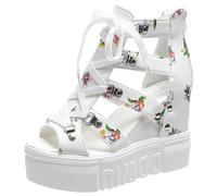 Donna Fiori Zeppa Piattaforma Sandali Moda Bocca di Pesce Gladiatore Allacciati Concavo Punta di Diamante Sporgente Alto Nascosto Tacco Estate Cerniera Antiscivolo Scarpette Scarpe(White,37 EU)