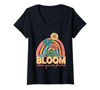Donna Fioritura Dove Sei piantato Retro Flower Rainbow Maglietta con Collo a V