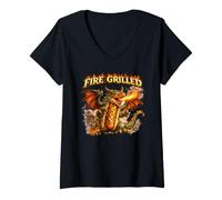 Donna Fire Grilled Vintage Hot Dog Maestro della Griglia Regalo Maglietta con Collo a V