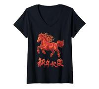 Donna Fire Horse Lunar New Year of The Horse 2026 Zodiac Maglietta con Collo a V