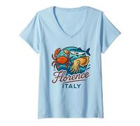 Donna Firenze Italia Granchio Salmone Calamari Frutti di mare italiani Food Travel Maglietta con Collo a V