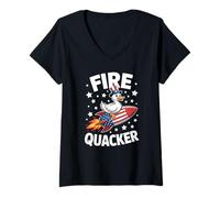 Donna Firequacker Duck On Petardo Divertente 4 luglio USA Bambini Maglietta con Collo a V