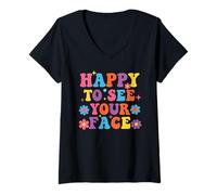 Donna First Day of School Shirt Happy to See Your Face Maglietta con Collo a V