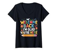 Donna First Day of School Welcome Back I'm Glad You're Here Maglietta con Collo a V