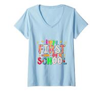 Donna First Day School Shirt Rainbow Color Lettere Book Globe Maglietta con Collo a V