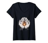 Donna First Fire Cupped Hands Origini Umane Carbone Art Maglietta con Collo a V