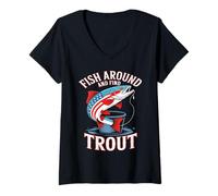 Donna Fish Around And Find Trout US Flag Vintage Fishing Maglietta con Collo a V