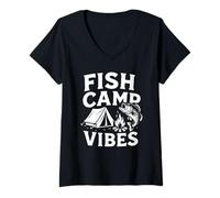 Donna Fish Camp Vibes - Camicia da Pesca e Campeggio all'aperto Maglietta con Collo a V