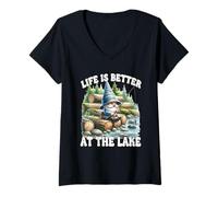 Donna Fisher Gnome For Fishing Grandpa Life Is Better At The Lake Maglietta con Collo a V