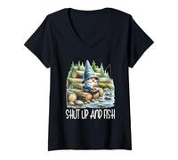 Donna Fishing Scene Gnome Nature Graphic For Men Shut Up And Fish Maglietta con Collo a V