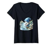 Donna Fishing Scene With Fisherman Gnome Grandpa For Fishing Lover Maglietta con Collo a V
