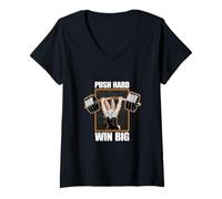 Donna Fitness Bunny, potenziatori per allenamento PUSH HARD WIN BIG, divertente palestra Maglietta con Collo a V