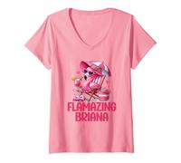 Donna Flamazing Briana Pink Flamingo Tropical Beach Scene Donna Maglietta con Collo a V