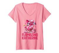 Donna Flamazing Katherine Pink Flamingo Tropical Beach Scene Donne Maglietta con Collo a V