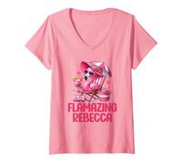 Donna Flamazing Rebecca Pink Flamingo Tropical Beach Scene Donna Maglietta con Collo a V
